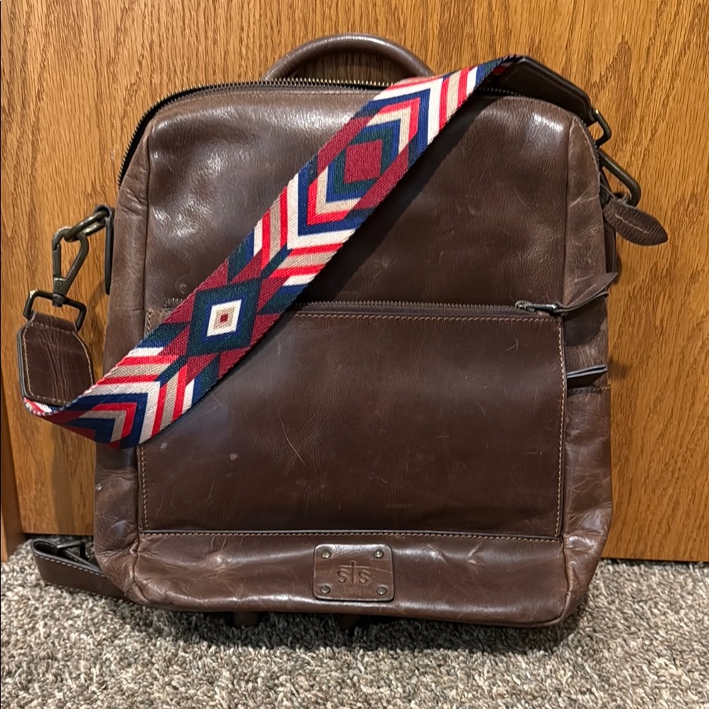 STS Ranchwear Brown and Red Backpack with Geometric Strap